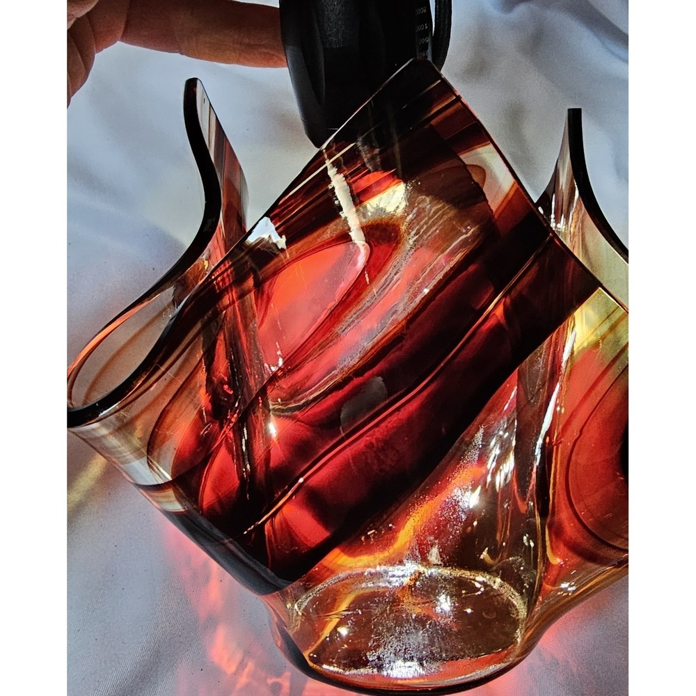 Tony Serveinte Glass Blown Folded Handkerchief Swirl Vase Signed Brown/Clear - Picture 7 of 15